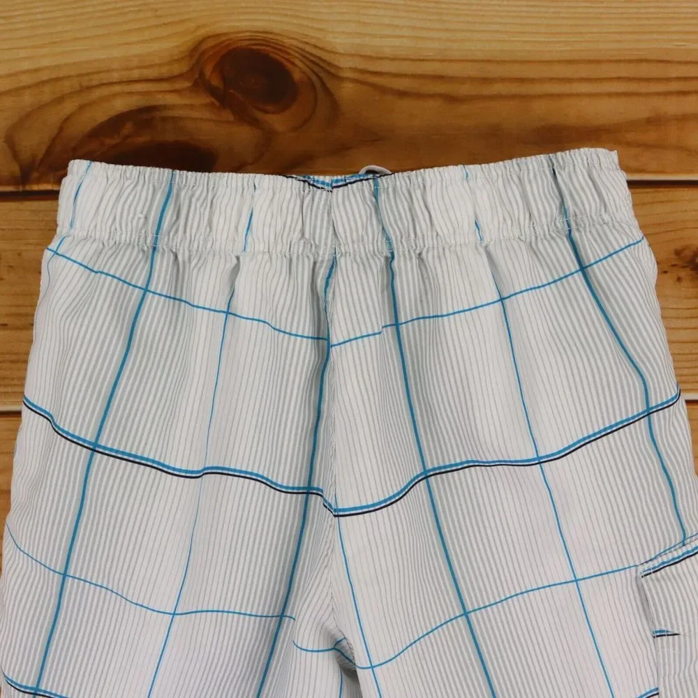 OP‎ Ocean Pacific Swim Trunks Mens M White Gray Stripes Checks Drawstring Pocket